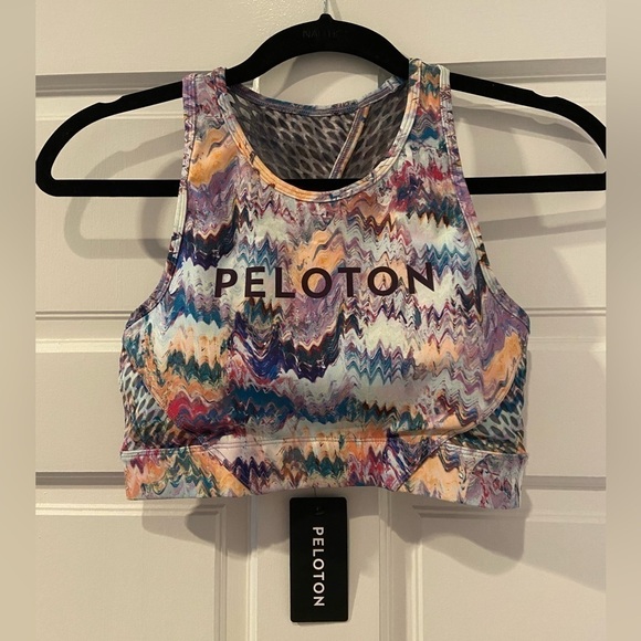 NWT Peloton River Rock High Neck Multicolored Logo Sports Bra w/Mesh Back Small - Picture 4 of 6